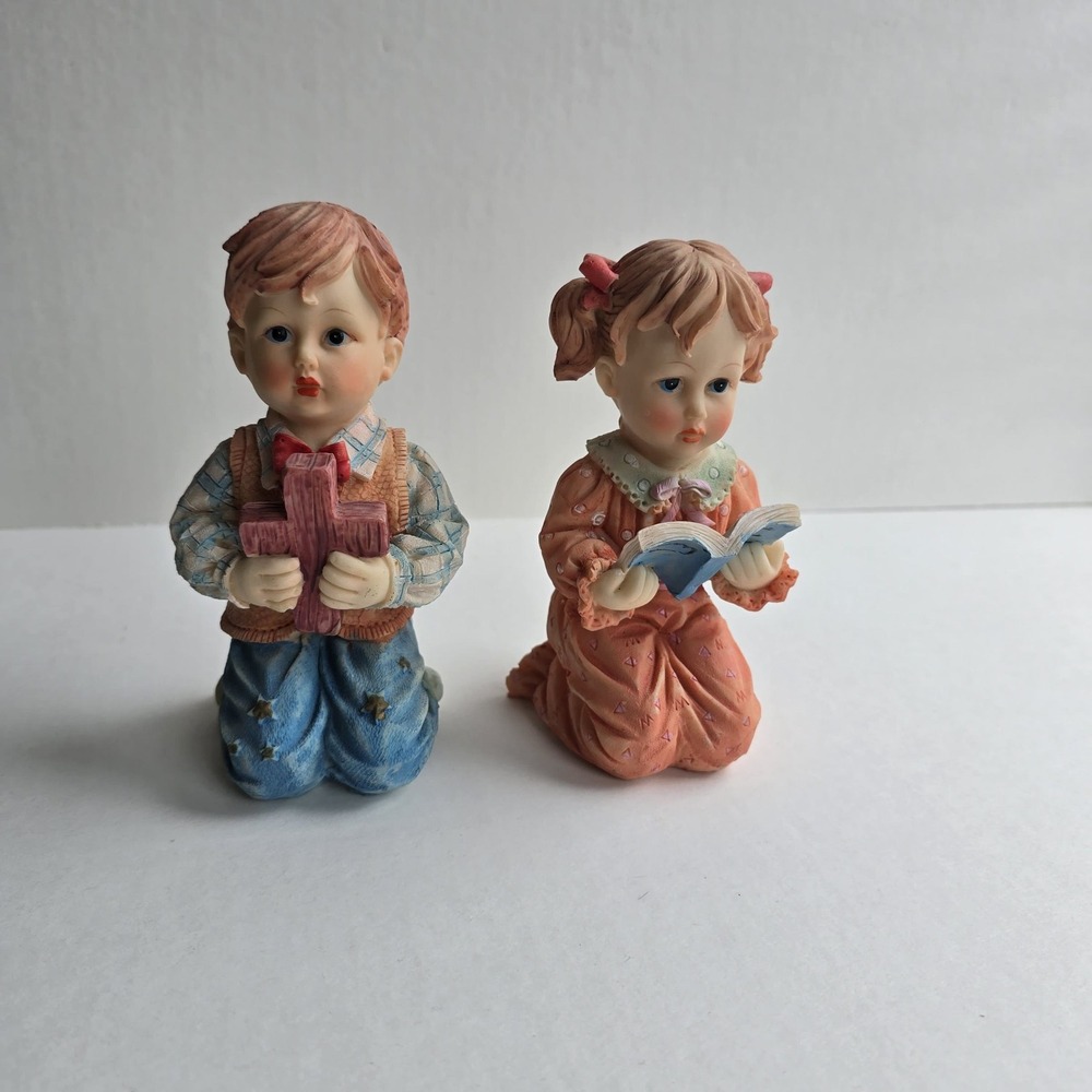 Vintage Praying Boy and Girl Figurines Resin Religious Statues Set of 2